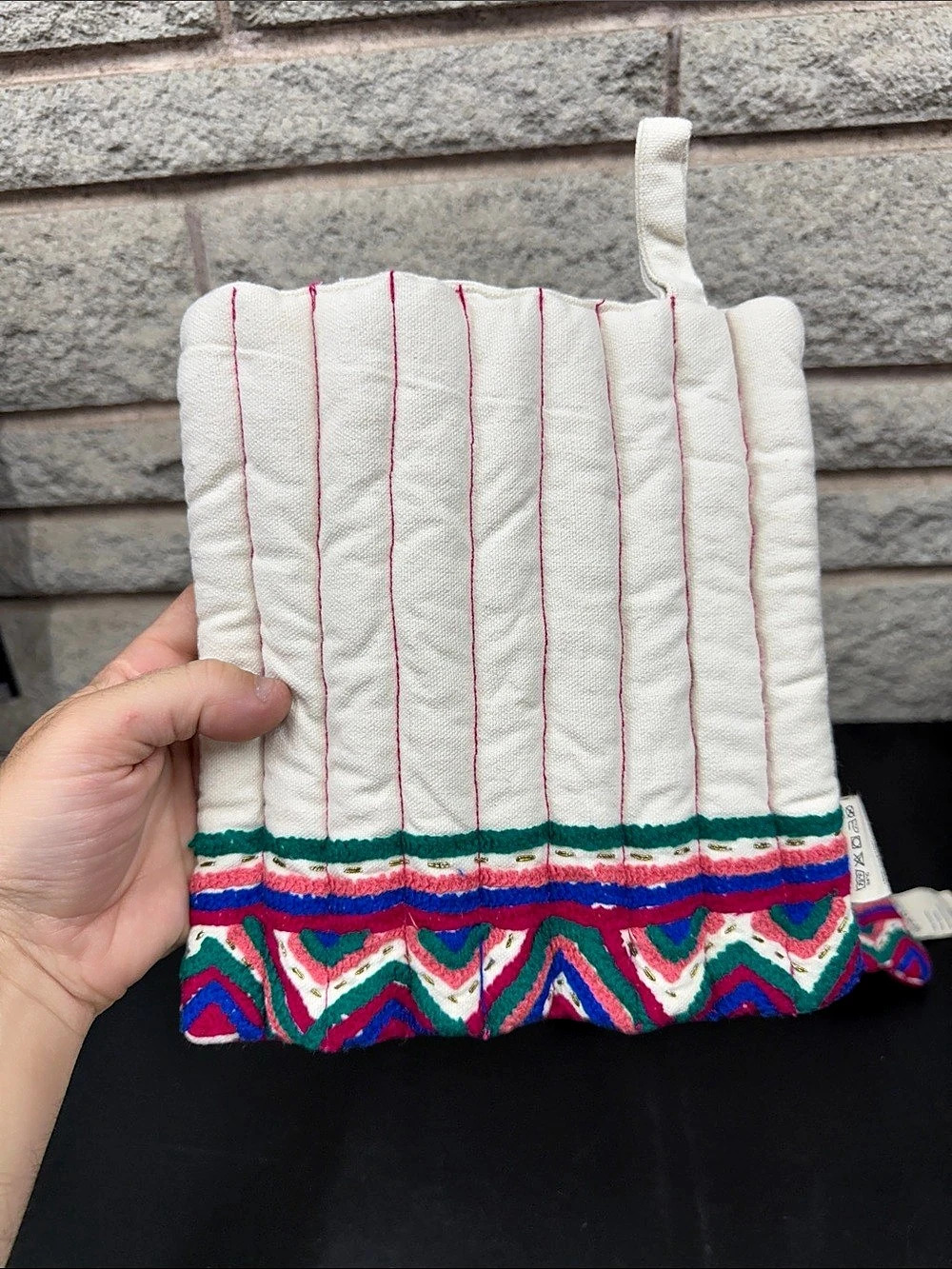 Set of 2 Embroidered Cotton Potholders Colorful Boho Geometric Made in India